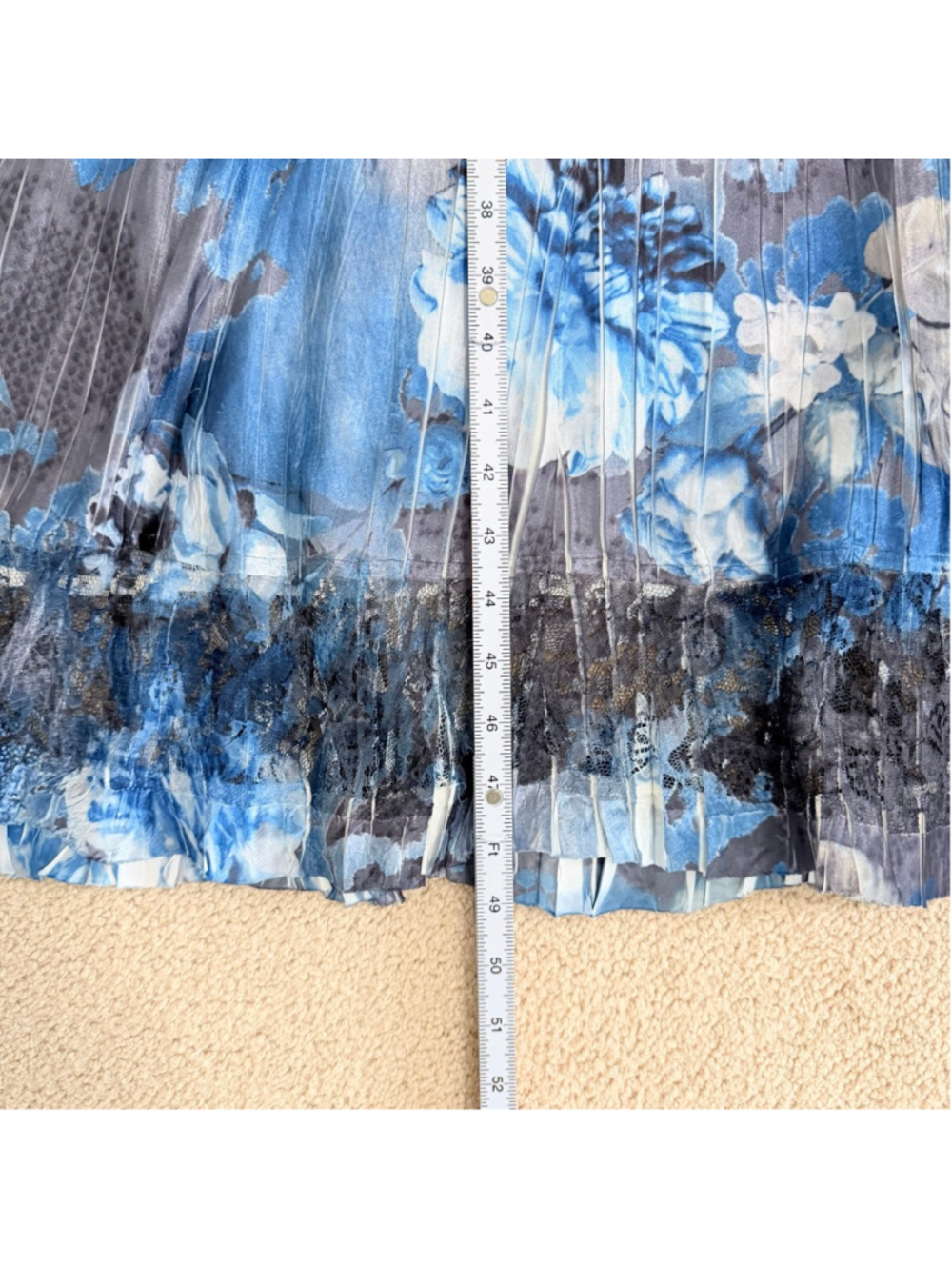 KOMAROV Blue Gray Floral Pleated Charmeuse Cocktail Dress Lace Sleeve Size XL - Picture 15 of 15